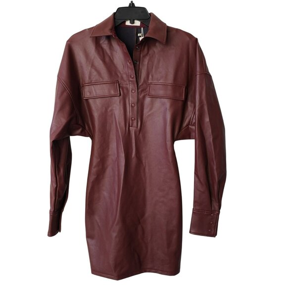 NEW Lapointe Stretch Faux Leather Mahogany Brown Button Front Collar Mini Dress - Picture 4 of 15